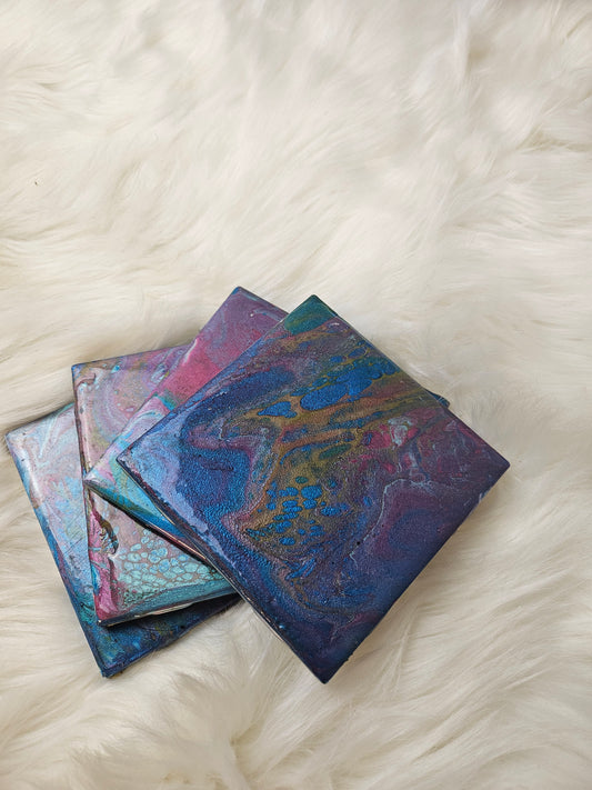 Drink Coaster Set of 4 Blues, pinks, and gold