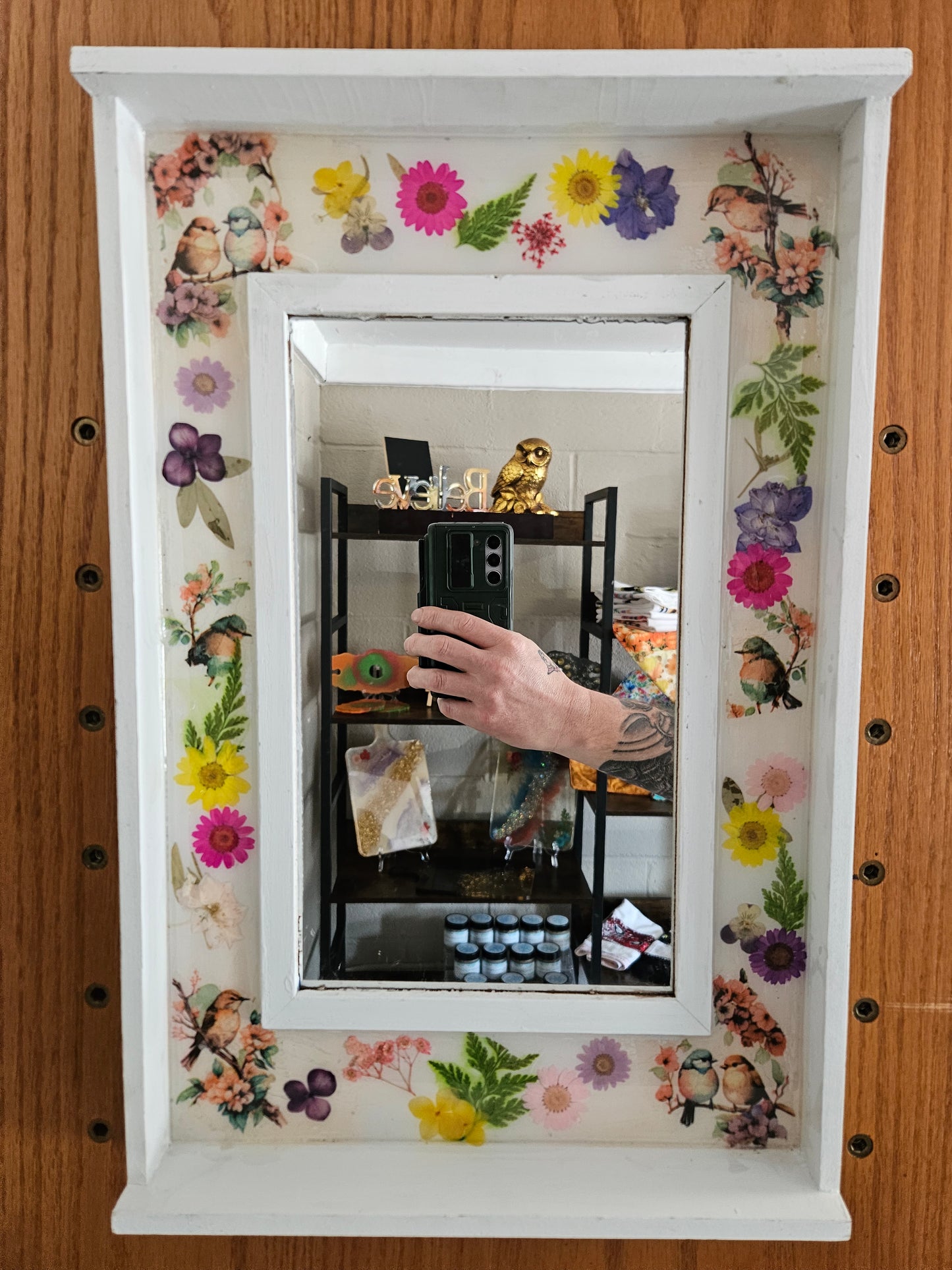 Floral mirror with small shelf